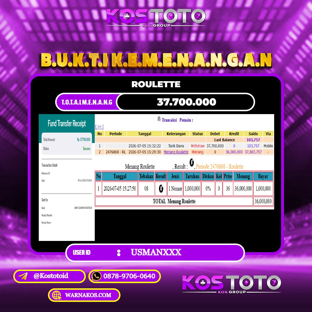 KOSTOTO JACKPOT CASINO ROULETTE Rp.37.700.000,- LUNAS USER ID : USMAN***