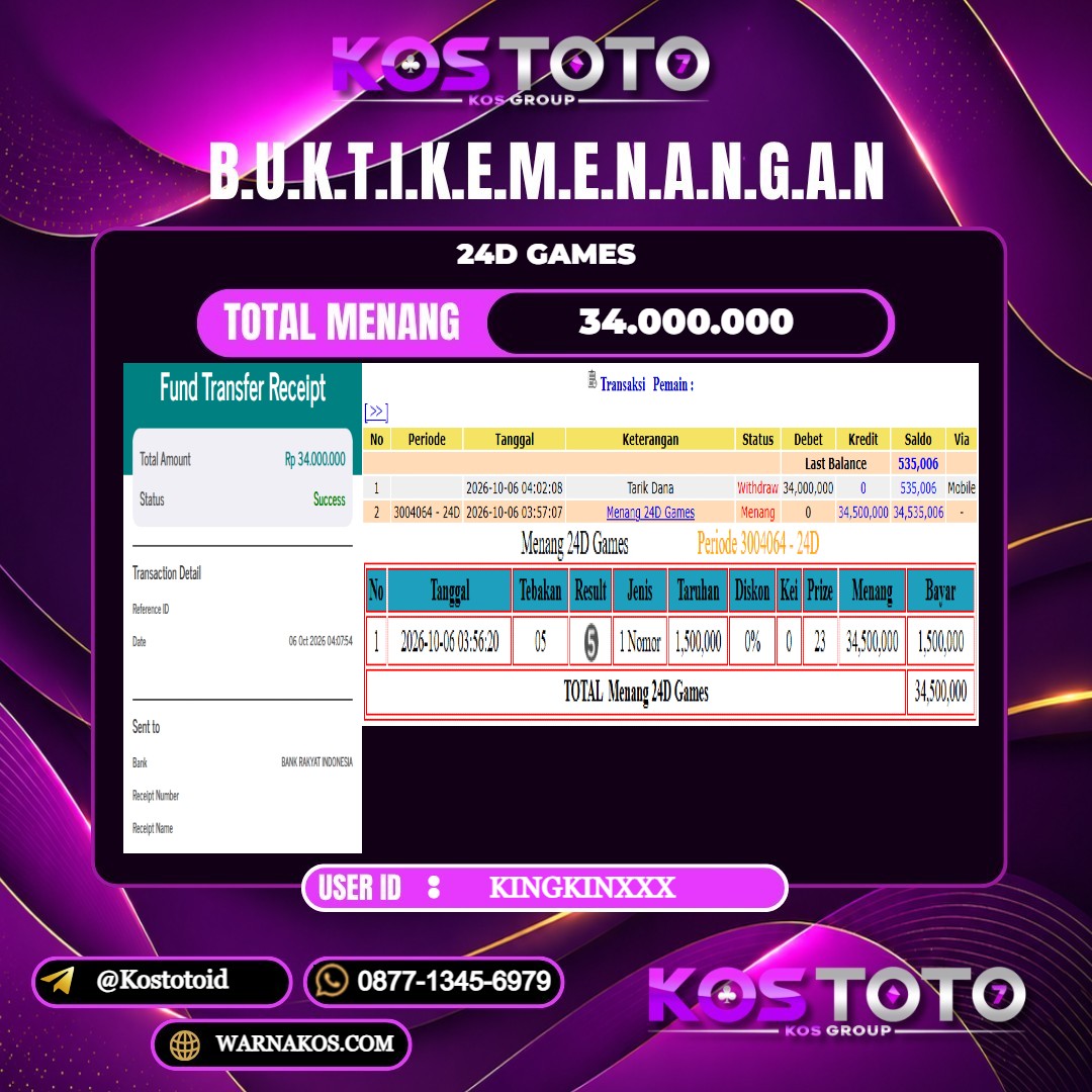 KOSTOTO JACKPOT CASINO 24D GAMES Rp.34.000.000,- LUNAS USER ID : KINGKIN***