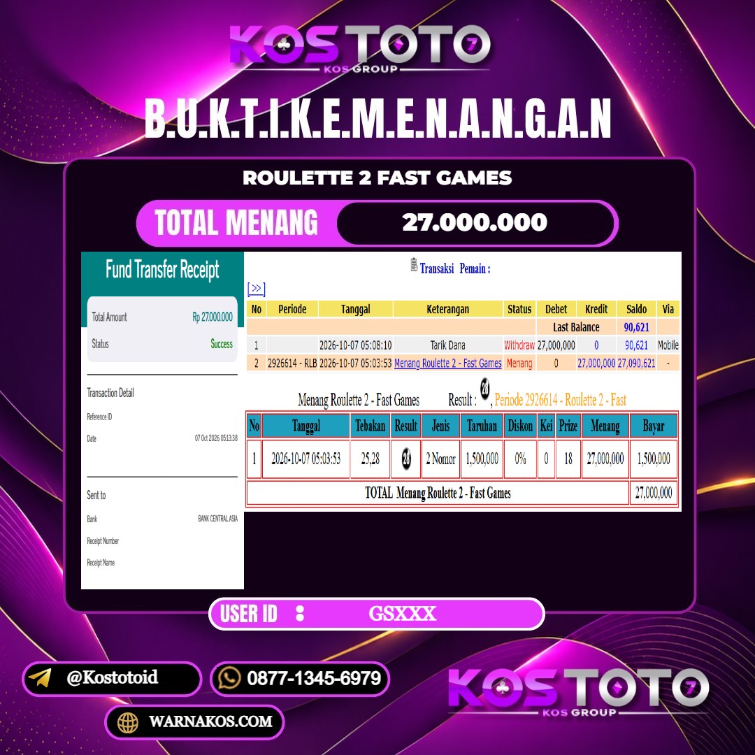 KOSTOTO JACKPOT CASINO ROULETTE 2 FAST GAMES Rp.27.000.000,- LUNAS USER ID : GS***