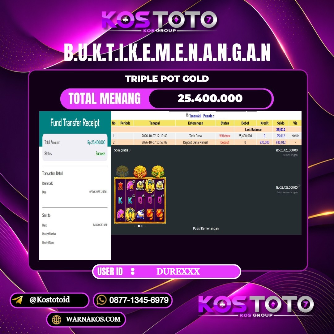KOSTOTO JACKPOT SLOT TRIPLE POT GOLD Rp.25.400.000,- LUNAS USER ID : DURE***