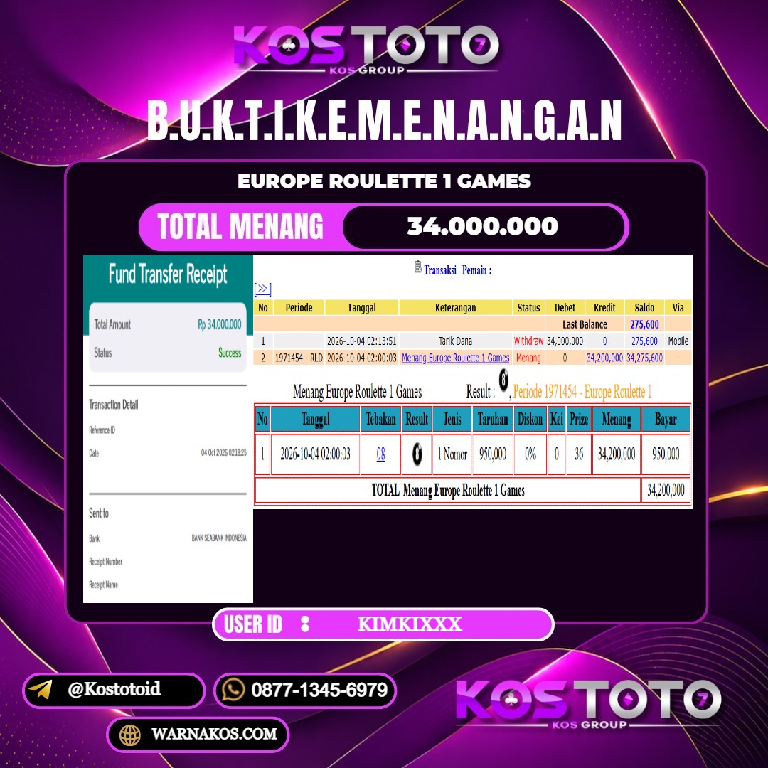KOSTOTO JACKPOT CASINO EUROPE ROULETTE 1 GAMES Rp.34.000.000,- LUNAS USER ID : KIMKI***