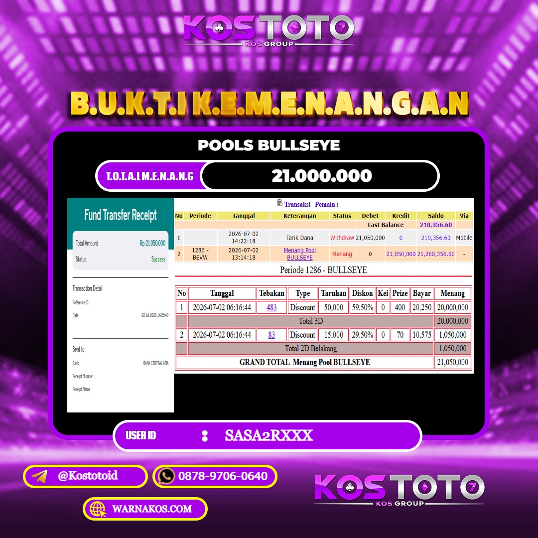 KOSTOTO JACKPOT TOGEL BULLSEYE Rp.21.000.000,- LUNAS USER ID : SASA2R***