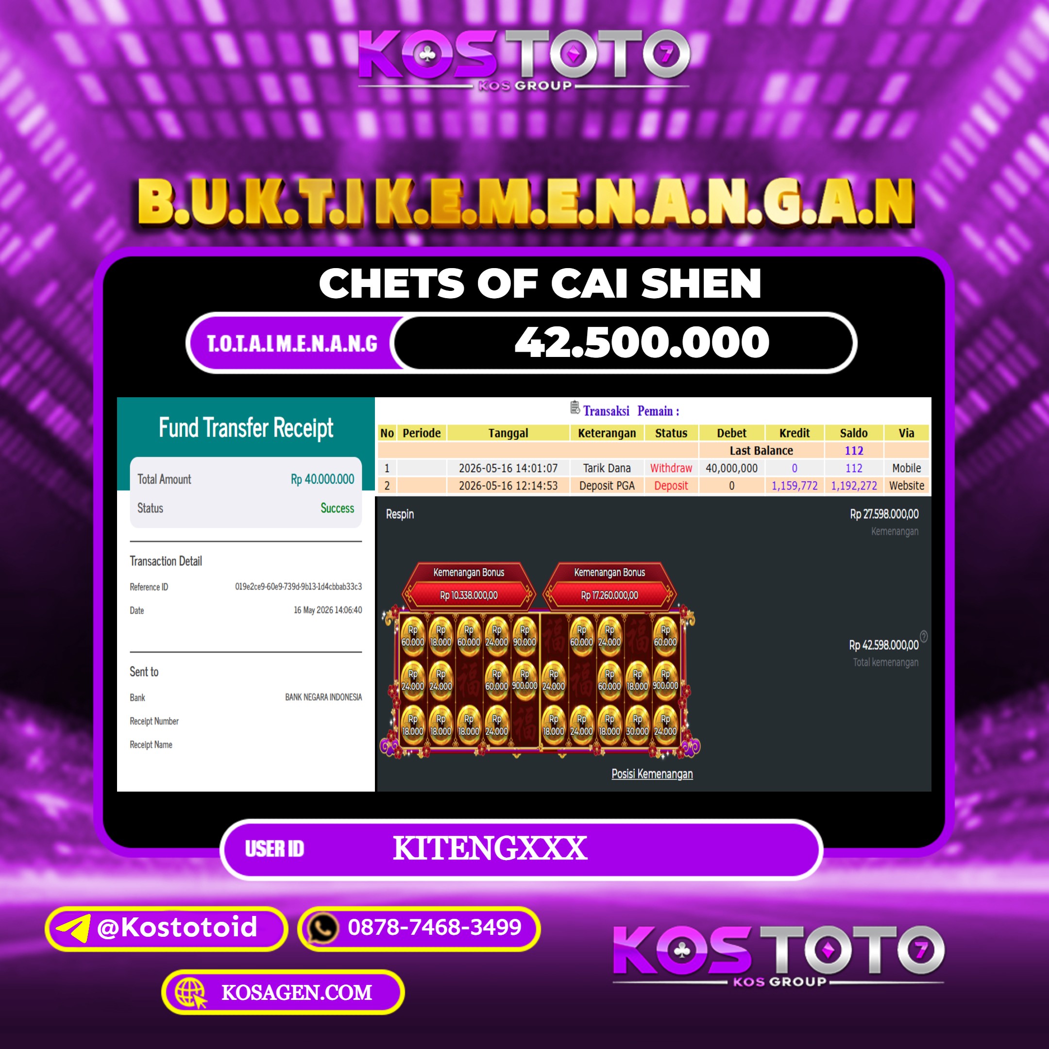 KOSTOTO JACKPOT SLOT CHETS OF CAI SHEN Rp.42.500.000,- LUNAS USER ID : KITENG***