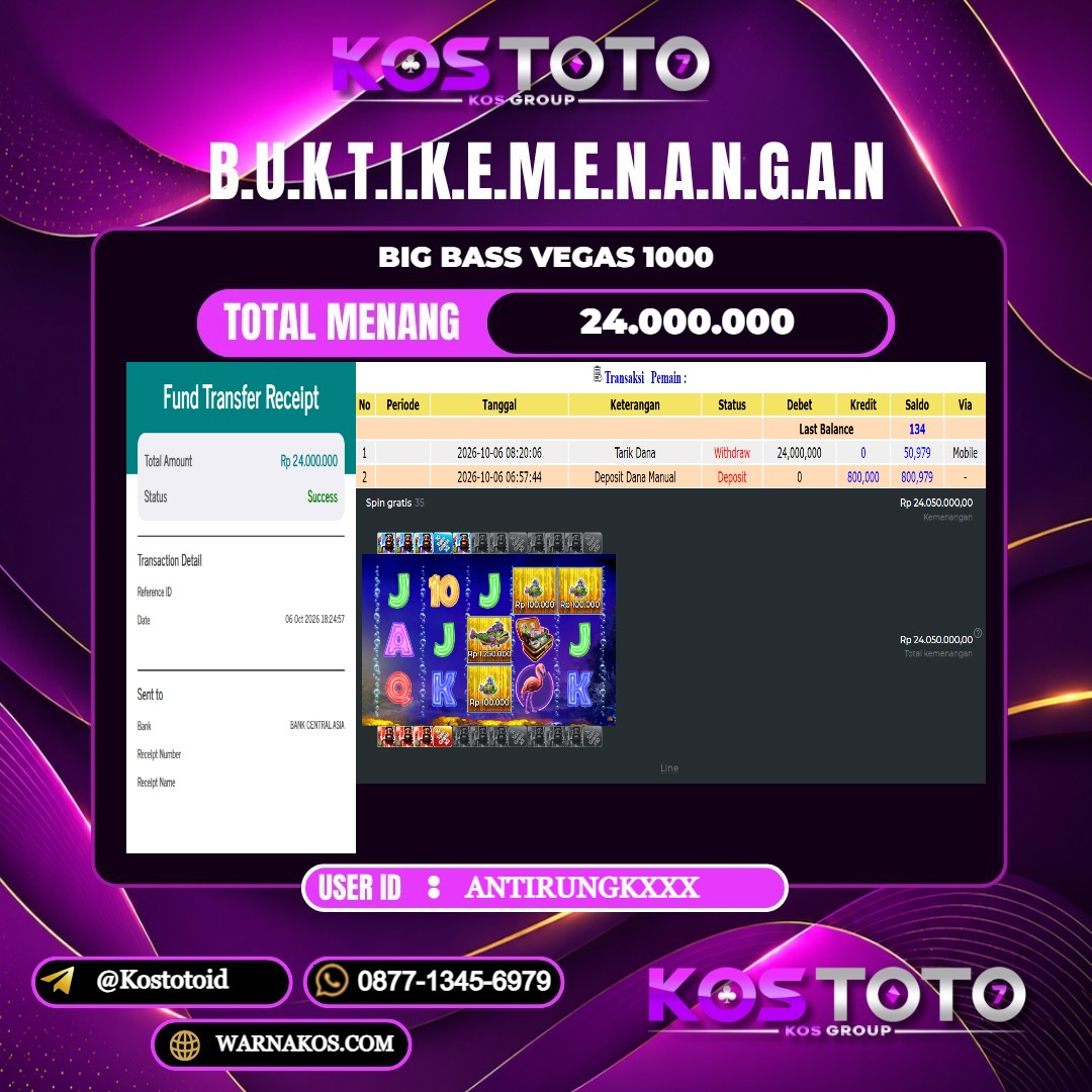 KOSTOTO JACKPOT SLOT BIG BASS VEGAS 1000 Rp.24.000.000,- LUNAS USER ID : ANTIRUNGK***