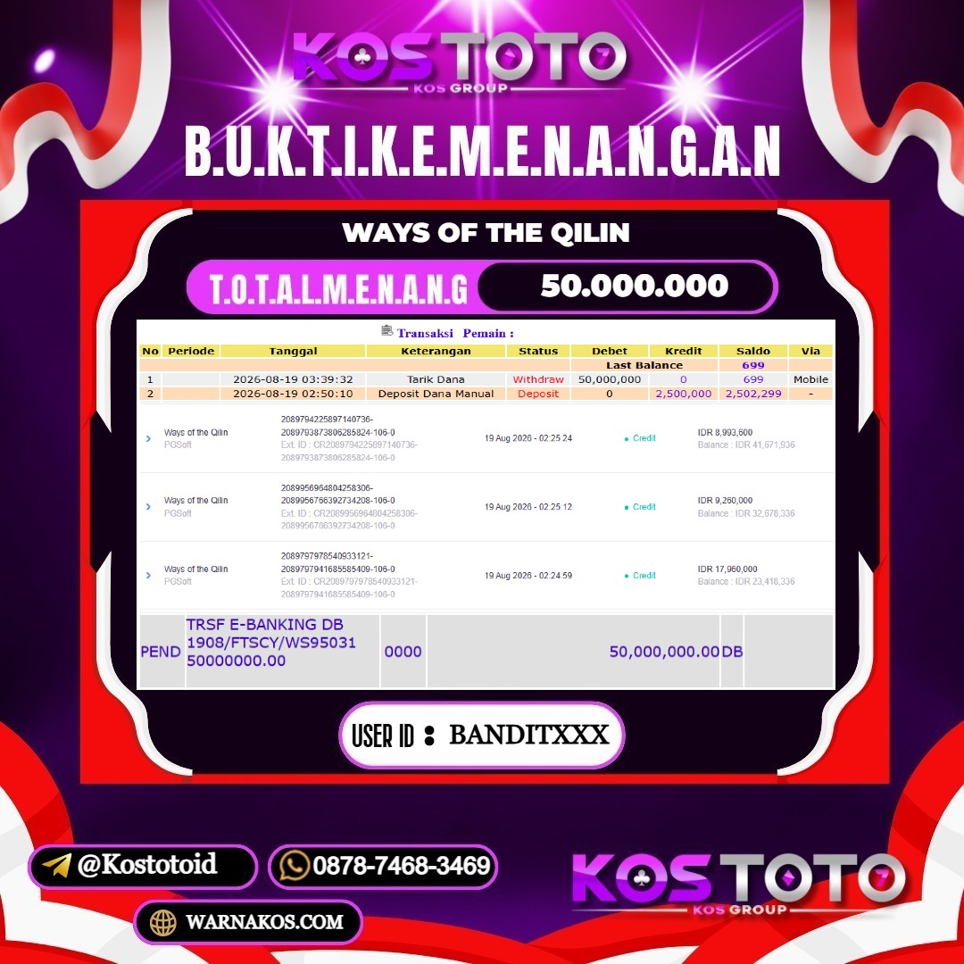KOSTOTO JACKPOT SLOT WAYS OF THE QILIN Rp.50.000.000,- LUNAS USER ID : BANDIT***