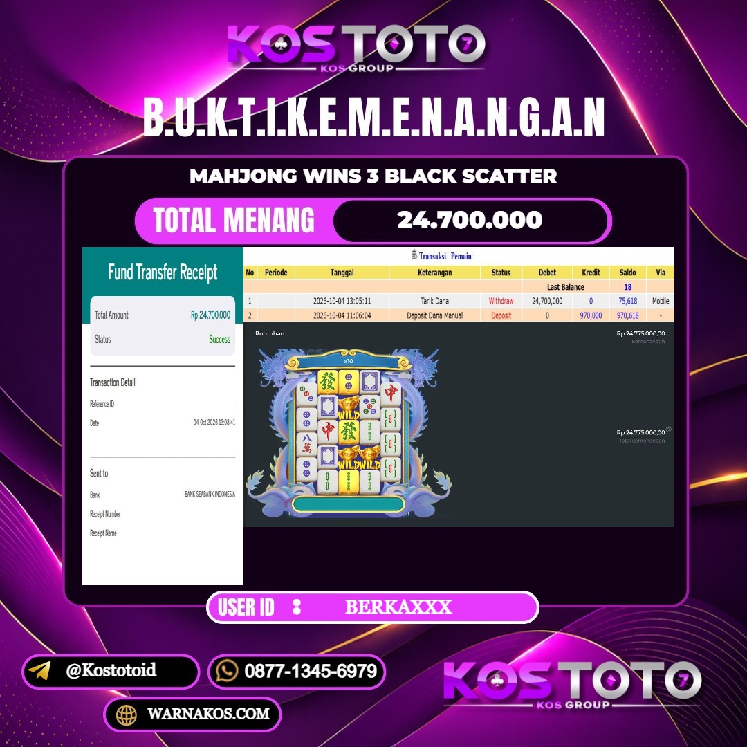 KOSTOTO JACKPOT SLOT MAHJONG WINS 3 BLACK SCATTER Rp.24.700.000,- LUNAS USER ID : BERKA****