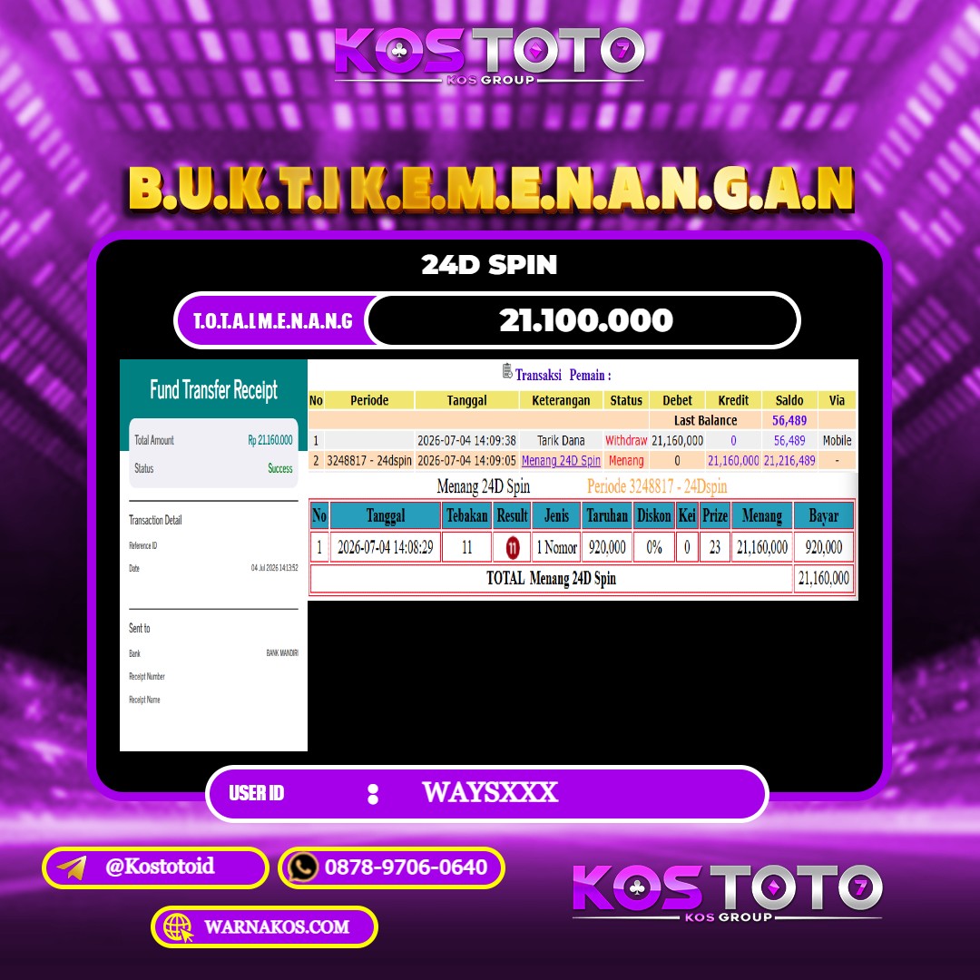 KOSTOTO JACKPOT CASINO 24D SPIN Rp.21.100.000,- LUNAS USER ID : WAYS***
