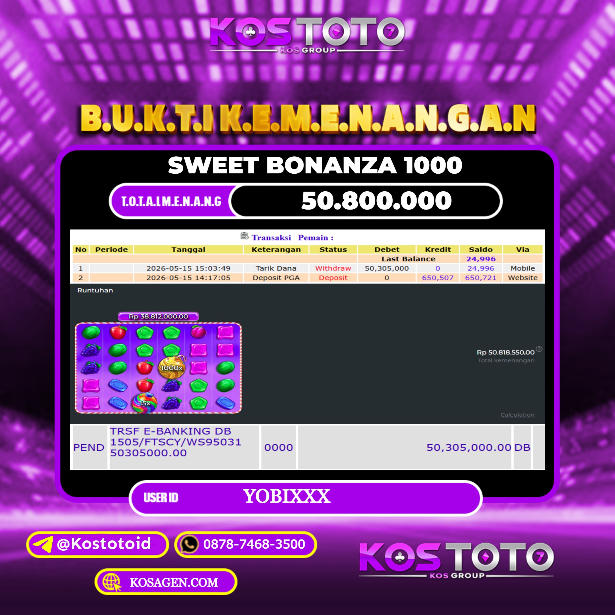 KOSTOTO JACKPOT SLOT SWEET BONANZA 1000 Rp.50.800.000,- LUNAS USER ID : YOBI***