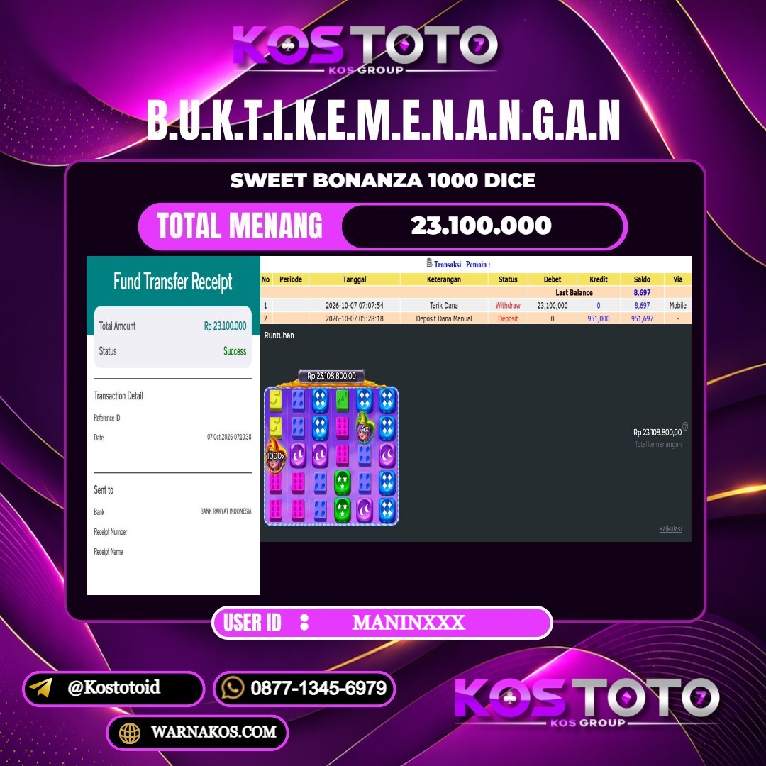 KOSTOTO JACKPOT SLOT SWEET BONANZA 1000 DICE Rp.23.100.000,- LUNAS USER ID : MANIN***