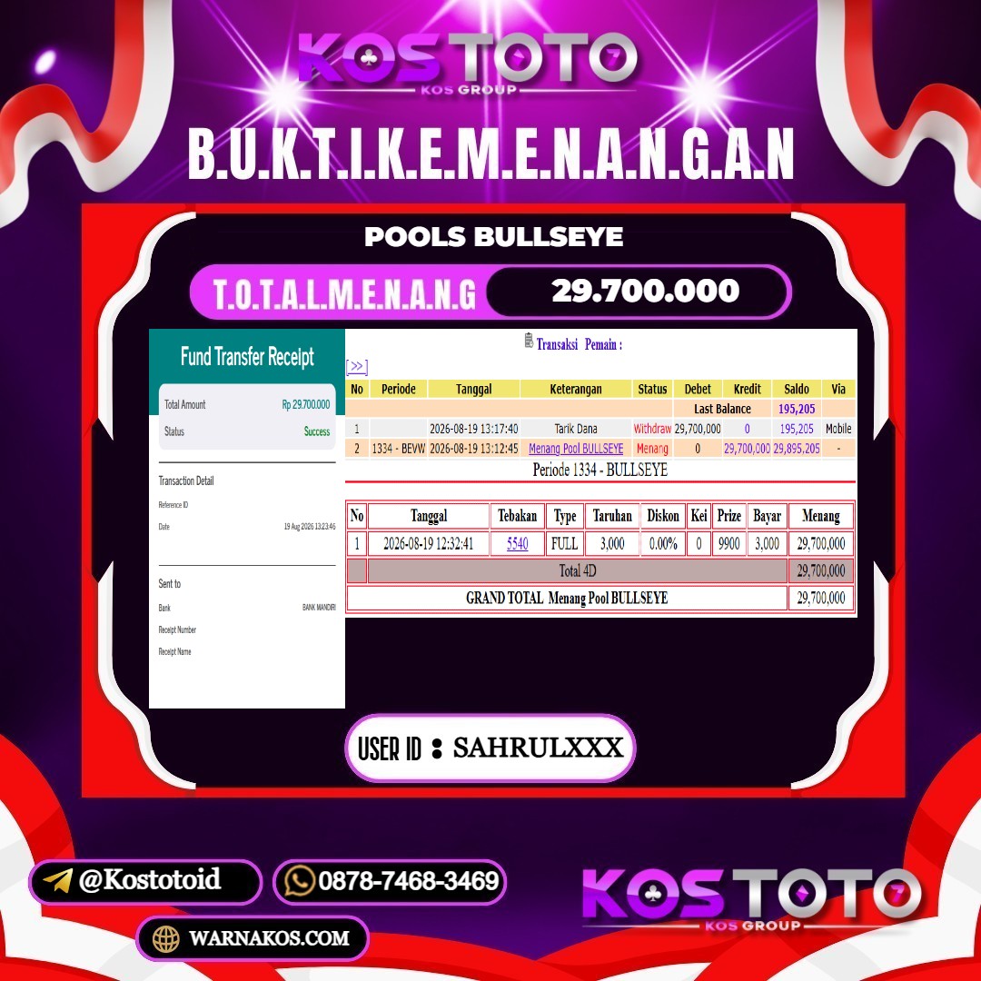 KOSTOTO JACKPOT TOGEL BULLSEYE Rp.29.700.000,- LUNAS USER ID : SAHRUL***