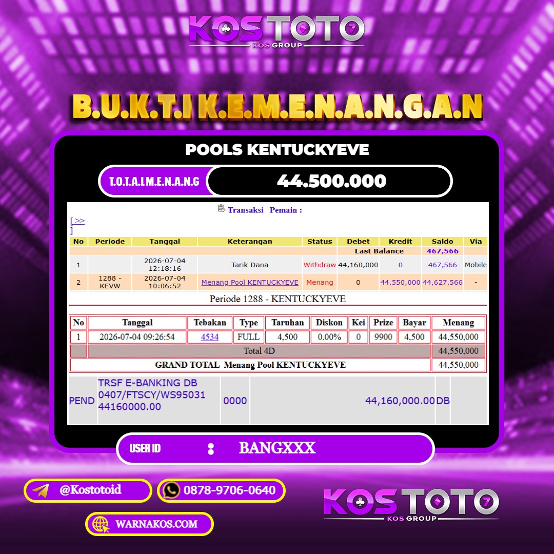 KOSTOTO JACKPOT TOGEL KENTUCKYEVE Rp.44.500.000,- LUNAS USER ID : BANG***