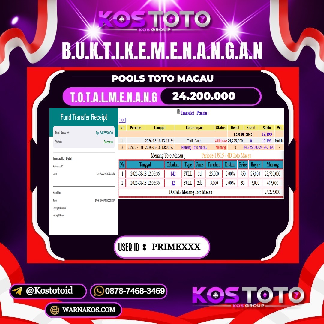 KOSTOTO JACKPOT TOGEL TOTO MACAU Rp.24.200.000,- LUNAS USER ID : PRIME***