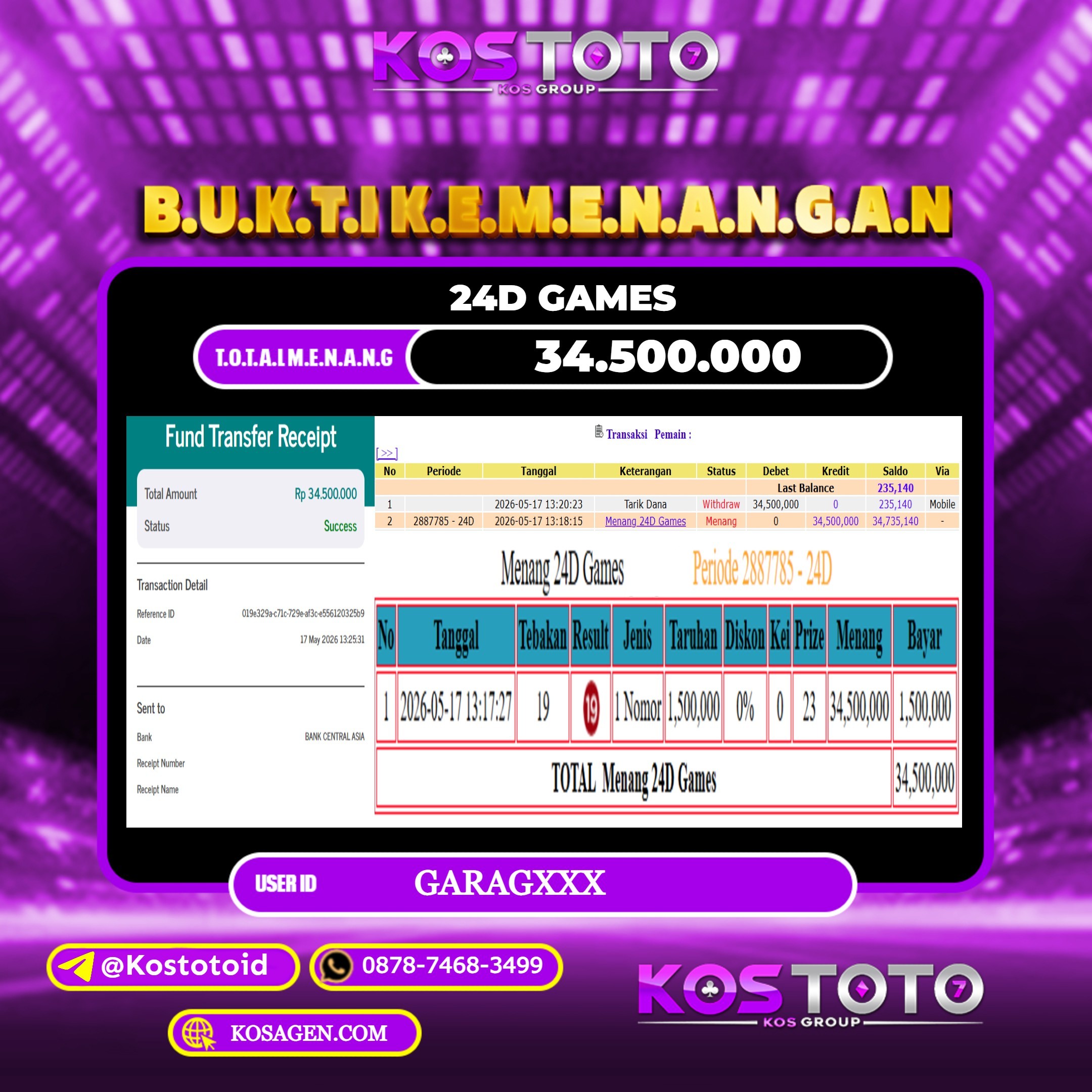 KOSTOTO JACKPOT CASINO 24D GAMES Rp.34.500.000,- LUNAS USER ID : GARAG***
