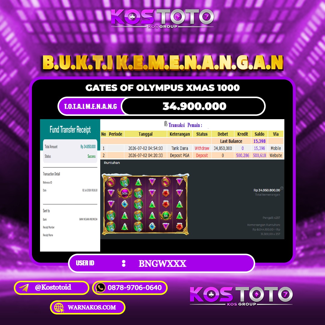 KOSTOTO JACKPOT SLOT GATES OF OLYMPUS XMAS 1000 Rp.34.900.000,- LUNAS USER ID : BNGW***