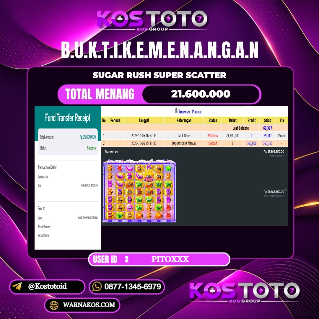 KOSTOTO JACKPOT SLOT SUGAR RUSH SUPER SCATTER Rp.21.600.000,- LUNAS USER ID : PITO***