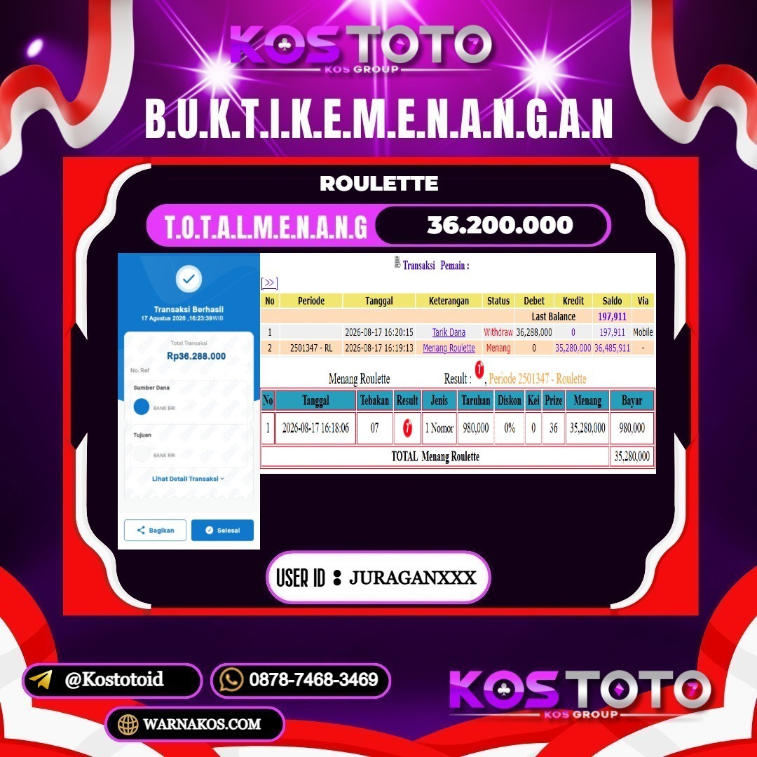 KOSTOTO JACKPOT CASINO ROULETTE Rp.36.200.000,- LUNAS USER ID : JURAGAN***