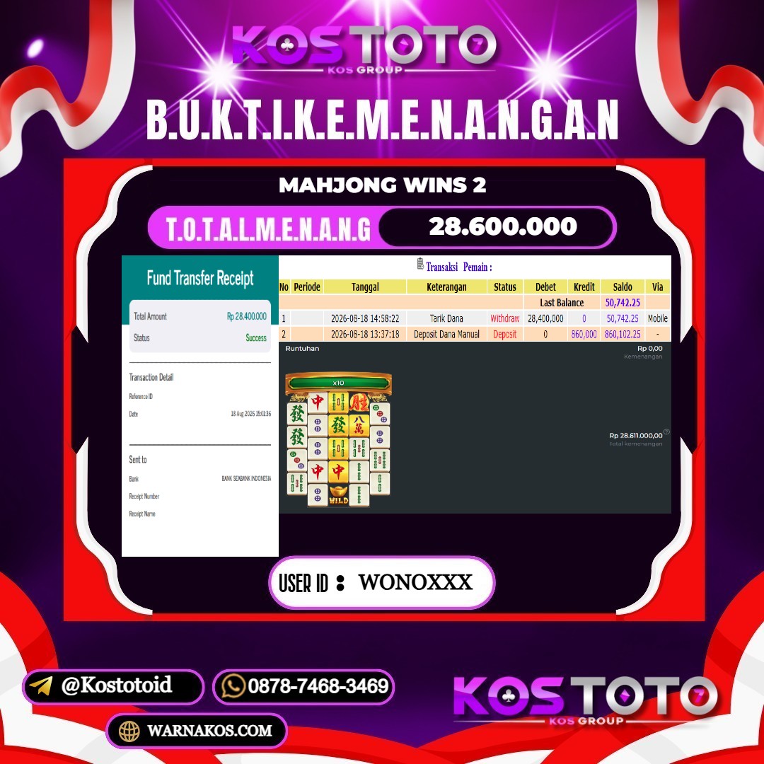 KOSTOTO JACKPOT SLOT MAHJONG WINS 2 Rp.28.600.000,- LUNAS USER ID : WONO***