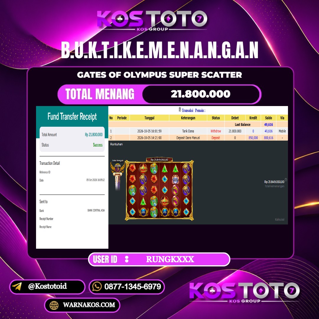 KOSTOTO JACKPOT SLOT GATES OF OLYMPUS SUPER SCATTER Rp.21.800.000,- LUNAS USER ID : RUNGK***
