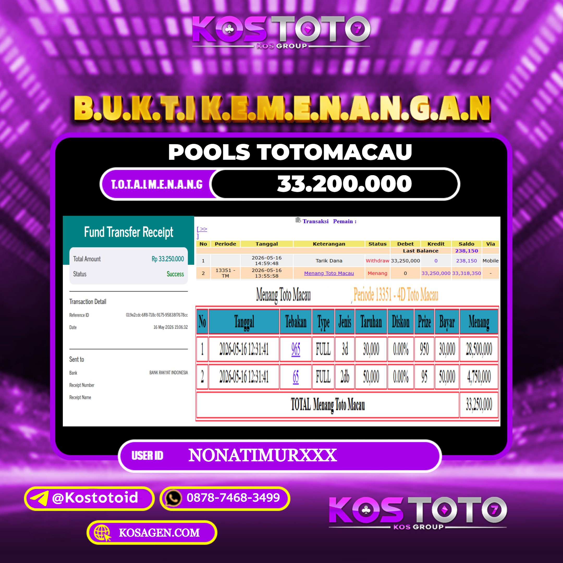 KOSTOTO JACKPOT TOGEL POOLS TOTOMACAU Rp.33.200.000,- LUNAS USER ID : MONATIMUR***