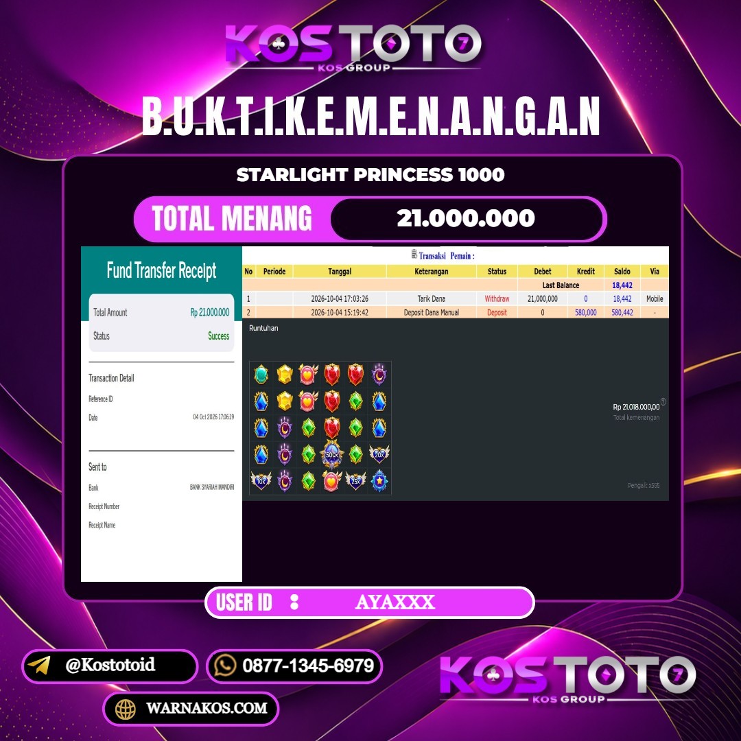 KOSTOTO JACKPOT SLOT STARLIGHT PRINCESS 1000 Rp.21.000.000,- LUNAS USER ID : AYA***