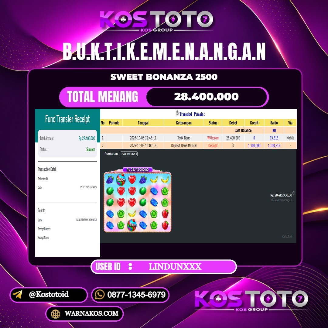 KOSTOTO JACKPOT SLOT SWEET BONANZA 2500 Rp.28.400.000,- LUNAS USER ID : LINDUN***