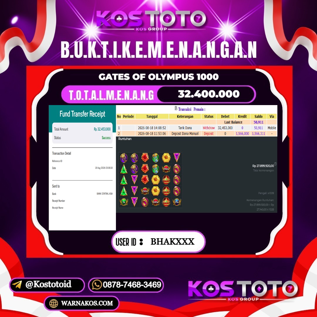 KOSTOTO JACKPOT SLOT GATES OF OLYMPUS 1000 Rp.32.400.000,- LUNAS USER ID : BHAK***
