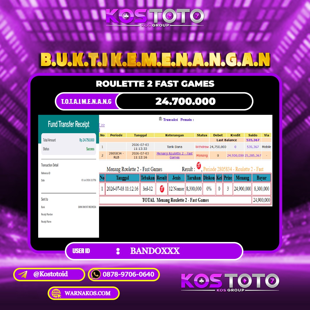 KOSTOTO JACKPOT CASINO ROULETTE 2 FAST GAMES Rp.24.700.000,- LUNAS USER ID : BANDO***