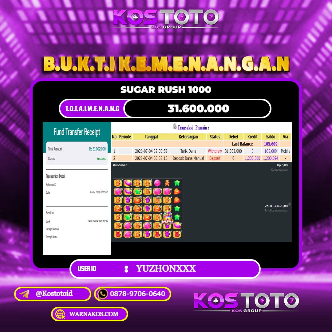 KOSTOTO JACKPOT SLOT SUGAR RUSH 1000 Rp.31.600.000,- LUNAS USER ID : YUZHON***