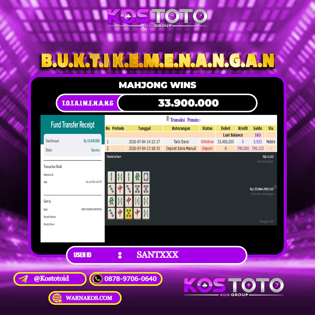 KOSTOTO JACKPOT SLOT MAHJONG WINS Rp.33.900.000,- LUNAS USER ID : SANT***