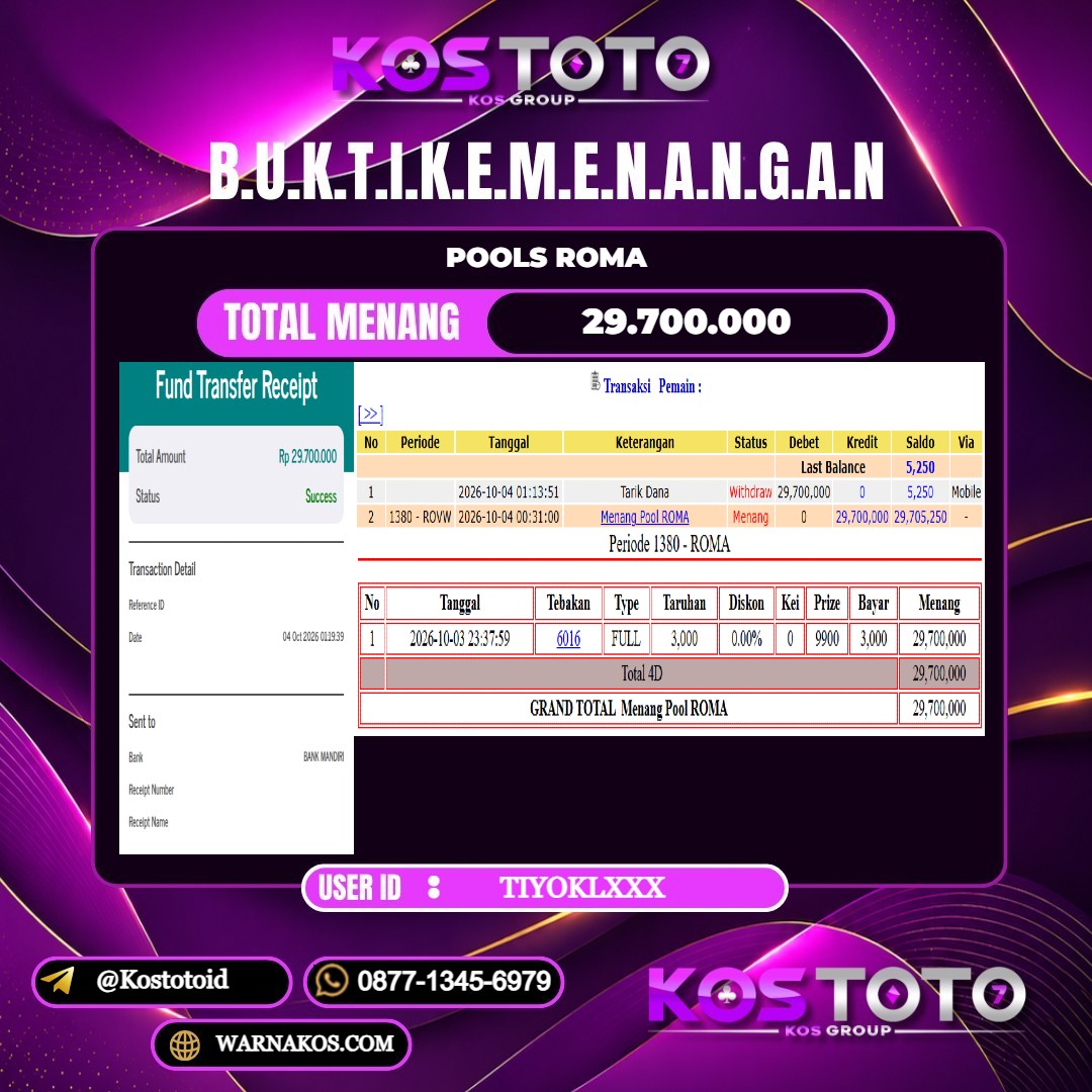 KOSTOTO JACKPOT TOGEL ROMA Rp.29.700.000,- LUNAS USER ID : TIYOKL***