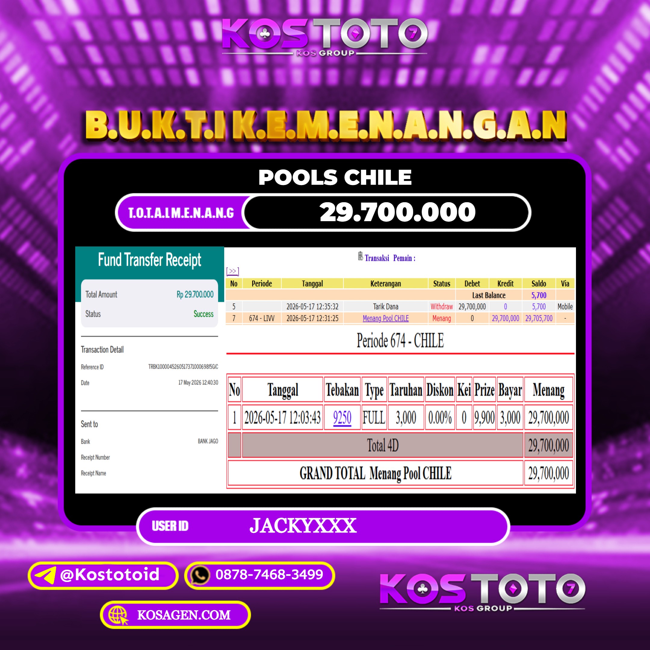 KOSTOTO JACKPOT TOGEL POOLS CHILE Rp.29.700.000,- LUNAS USER ID : JACKY***