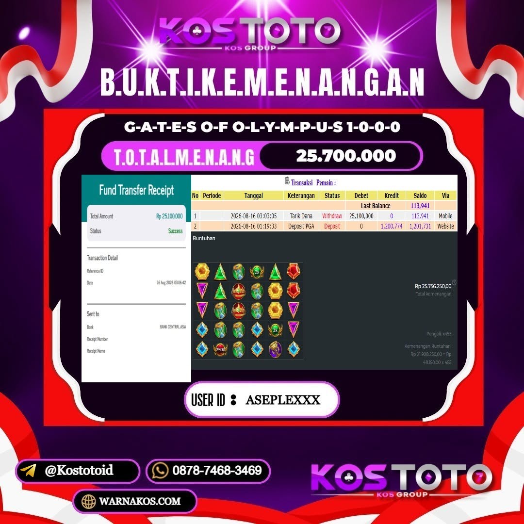 KOSTOTO JACKPOT SLOT GATES OF OLYMPUS 1000 Rp.25.700.000,- LUNAS USER ID : ASEPLE****