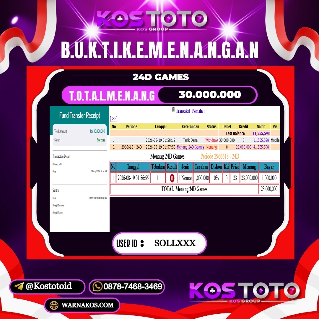 KOSTOTO JACKPOT CASINO 24D GAMES Rp.30.000.000,- LUNAS USER ID : SOLL***