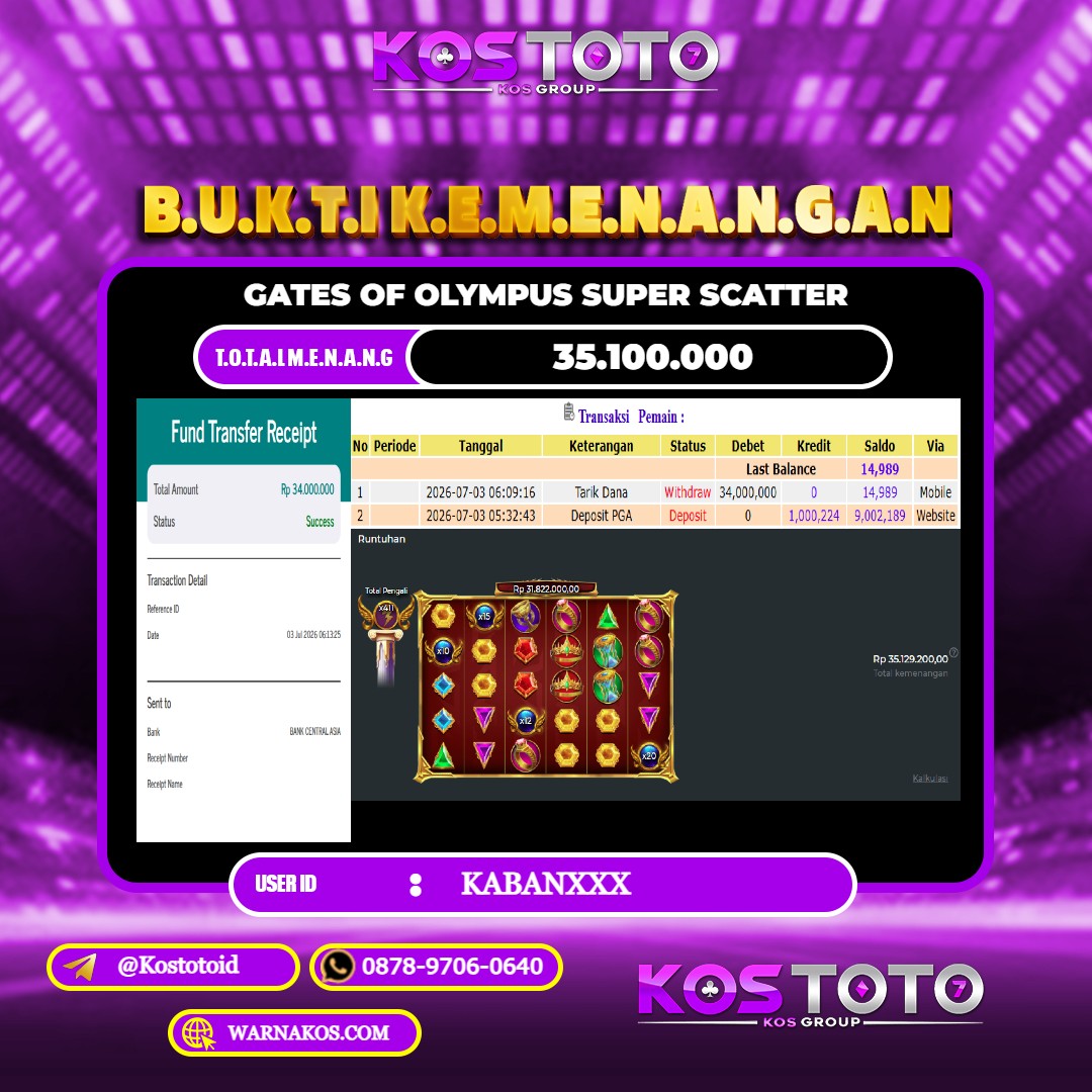 KOSTOTO JACKPOT SLOT GATES OF OLYMPUS SUPER SCATTER Rp.35.100.000,- LUNAS USER ID : KABAN***