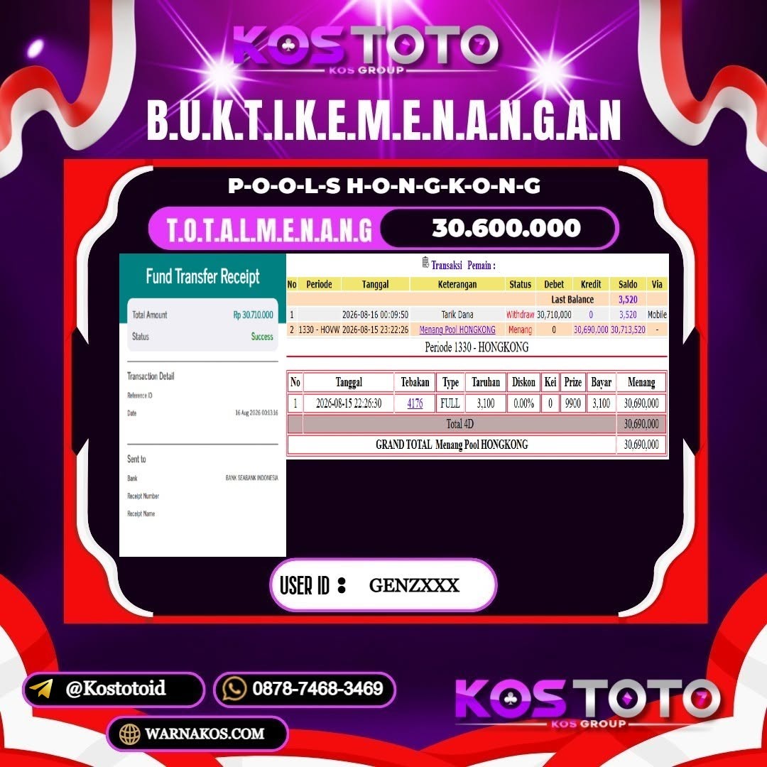 KOSTOTO JACKPOT TOGEL HONGKONG Rp.30.600.000,- LUNAS USER ID : GENZ****