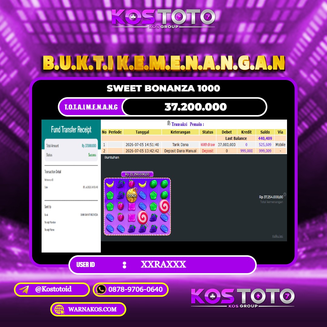 KOSTOTO JACKPOT SLOT SWEET BONANZA 1000 Rp.37.200.000,- LUNAS USER ID : XXRA***