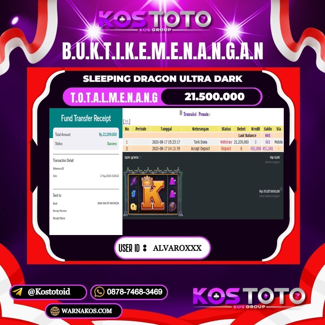KOSTOTO JACKPOT SLOT SLEEPING DRAGON ULTRA DARK Rp.21.500.000,- LUNAS USER ID : ALVARO***