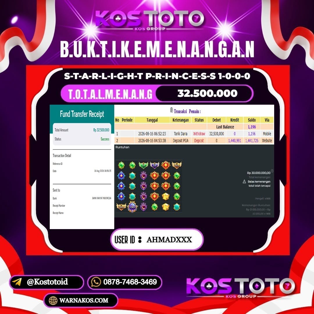 KOSTOTO JACKPOT SLOT STARLIGHT PRINCESS 1000 Rp.32.500.000,- LUNAS USER ID : AHMAD****
