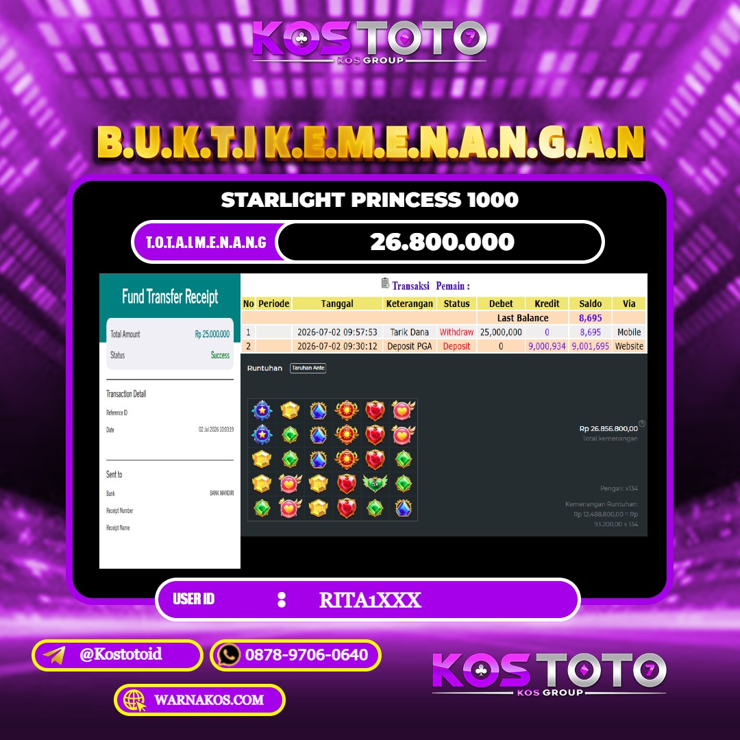 KOSTOTO JACKPOT SLOT STARLIGHT PRINCESS 1000 Rp.26.800.000,- LUNAS USER ID : RITA1***