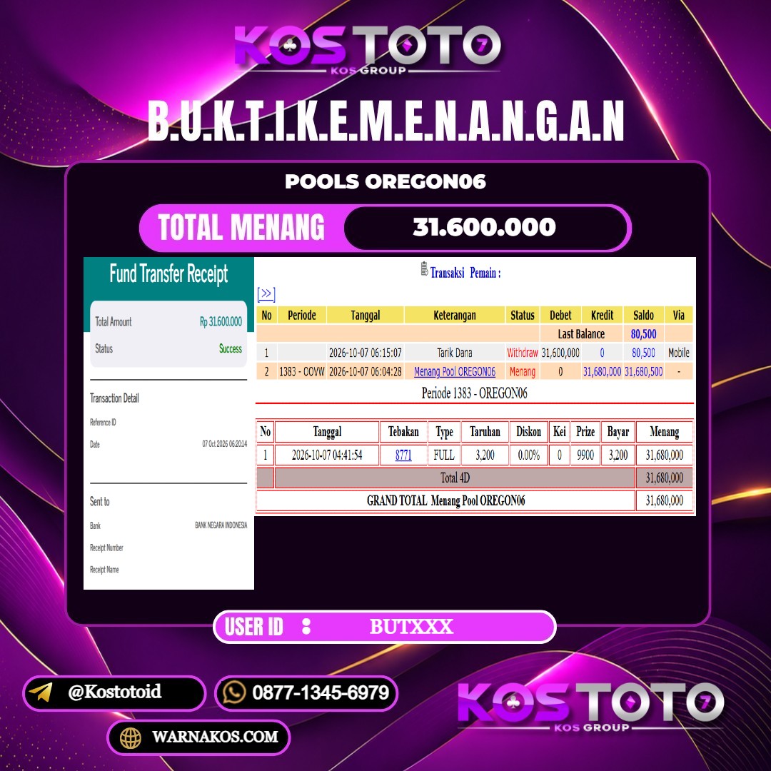 KOSTOTO JACKPOT TOGEL OREGON06 Rp.31.600.000,- LUNAS USER ID : BUT***
