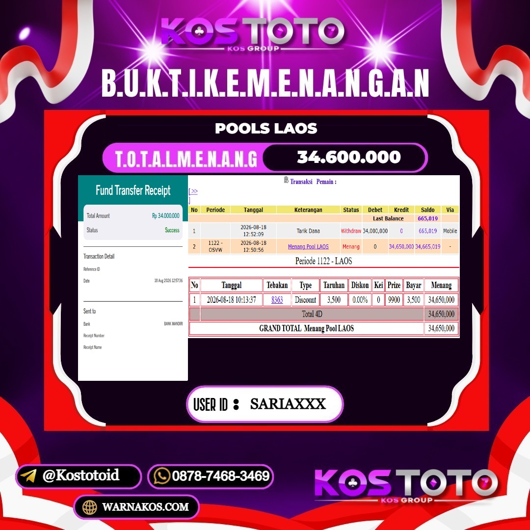 KOSTOTO JACKPOT TOGEL LAOS Rp.34.600.000,- LUNAS USER ID : SARIA***