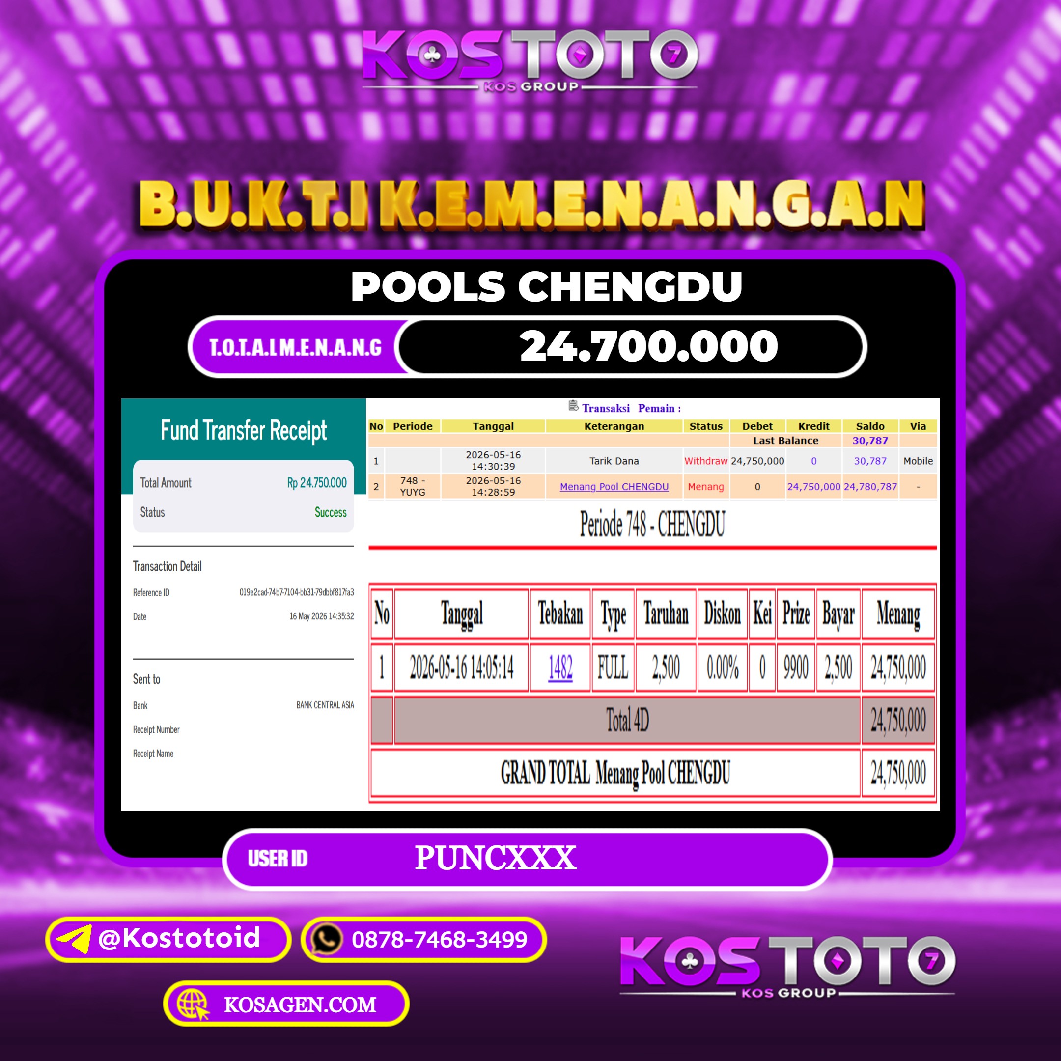 KOSTOTO JACKPOT TOGEL POOLS CHENGDU Rp.24.700.000,- LUNAS USER ID : PUNC***
