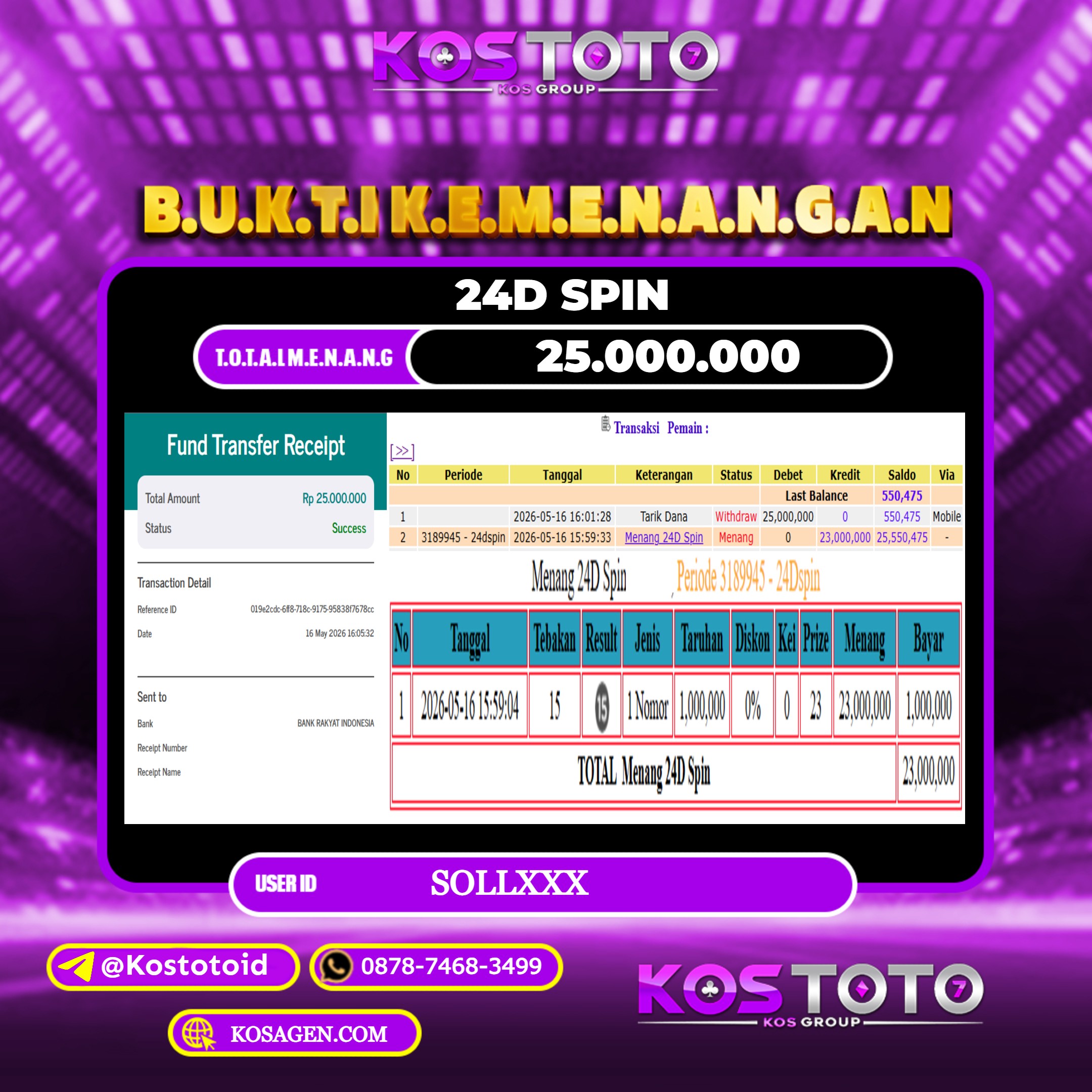 KOSTOTO JACKPOT CASINO 24D SPIN Rp.25.000.000,- LUNAS USER ID : SOLL***
