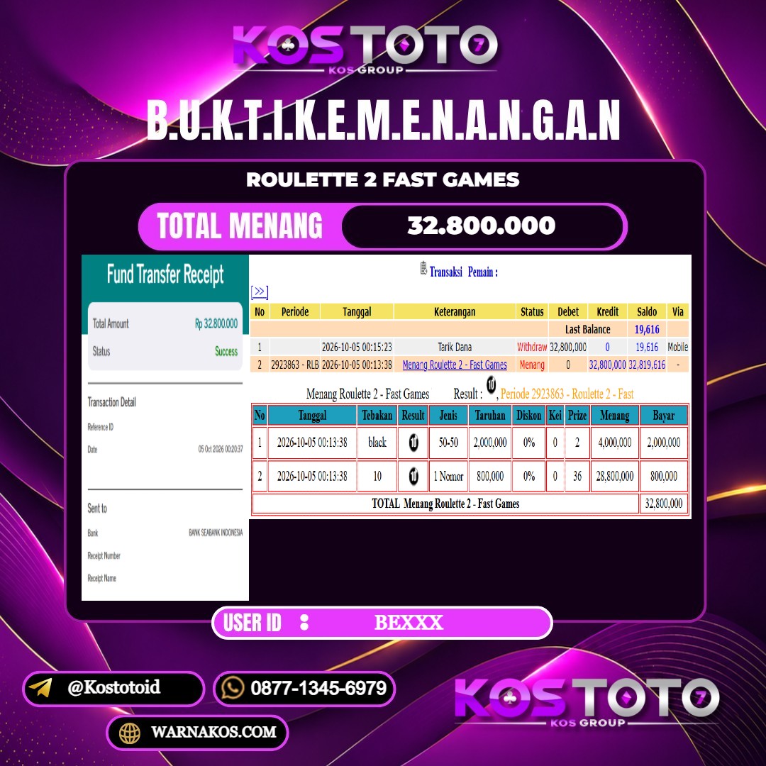 KOSTOTO JACKPOT CASINO ROULETTE 2 FAST GAMES Rp.32.800.000,- LUNAS USER ID : BE***