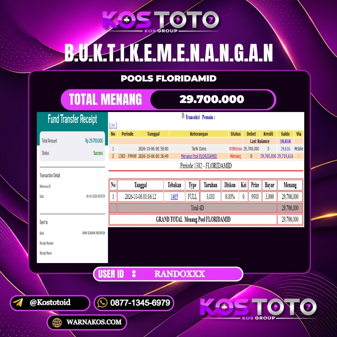 KOSTOTO JACKPOT TOGEL FLORIDAMID Rp.29.700.000,- LUNAS USER ID : RANDO***